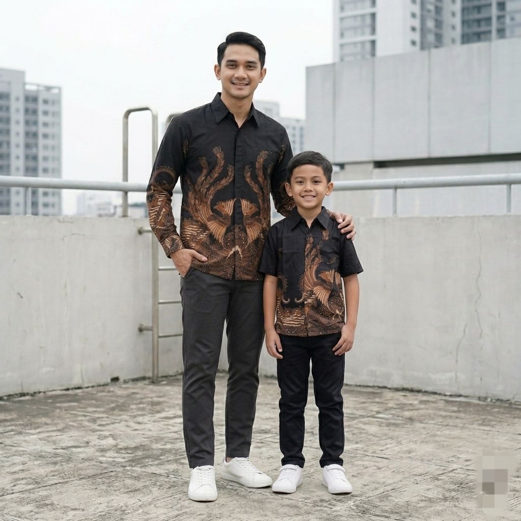 Batik Couple Ayah dan Anak Cowok Hitam Mahogani Bahan Katun Solo Reguler Fit - Fatih Batik Medan
