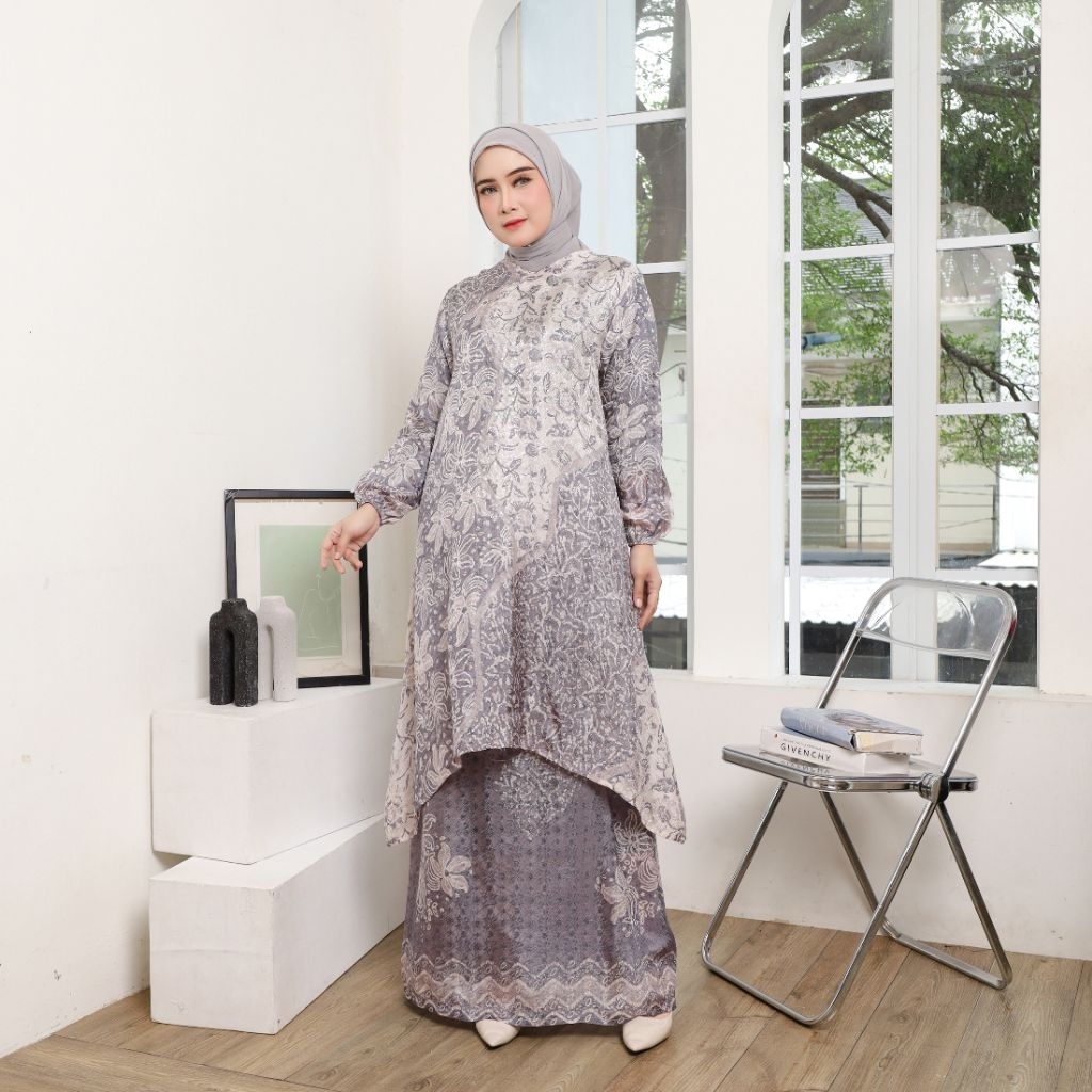 (COD)alazza~set batik sutra viscose super mewah,set tunik batik elegant,batik gamis dobby sutra,bati