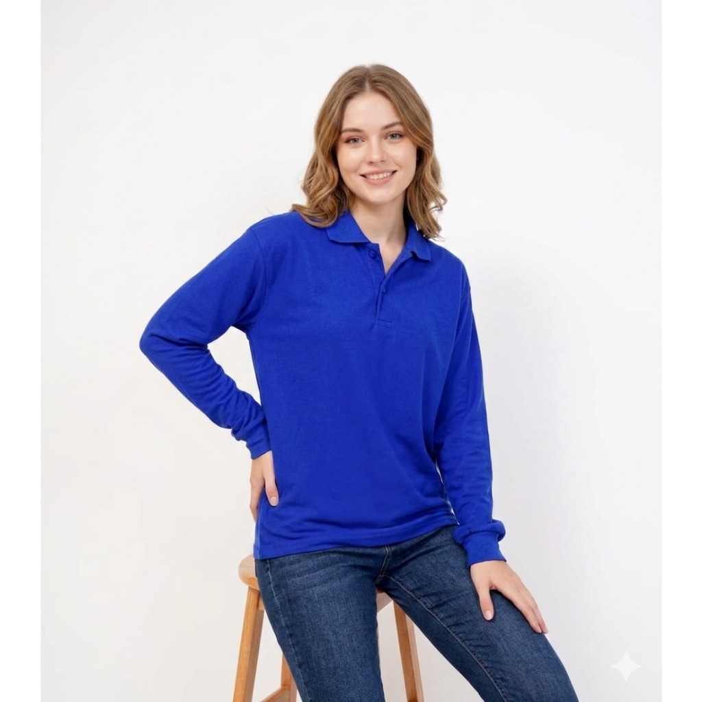 Kaos Kerah perempuan Lengan panjang BIRU Benhur / polo panjang wanita / polo hijab / KAOS KERAH WANI