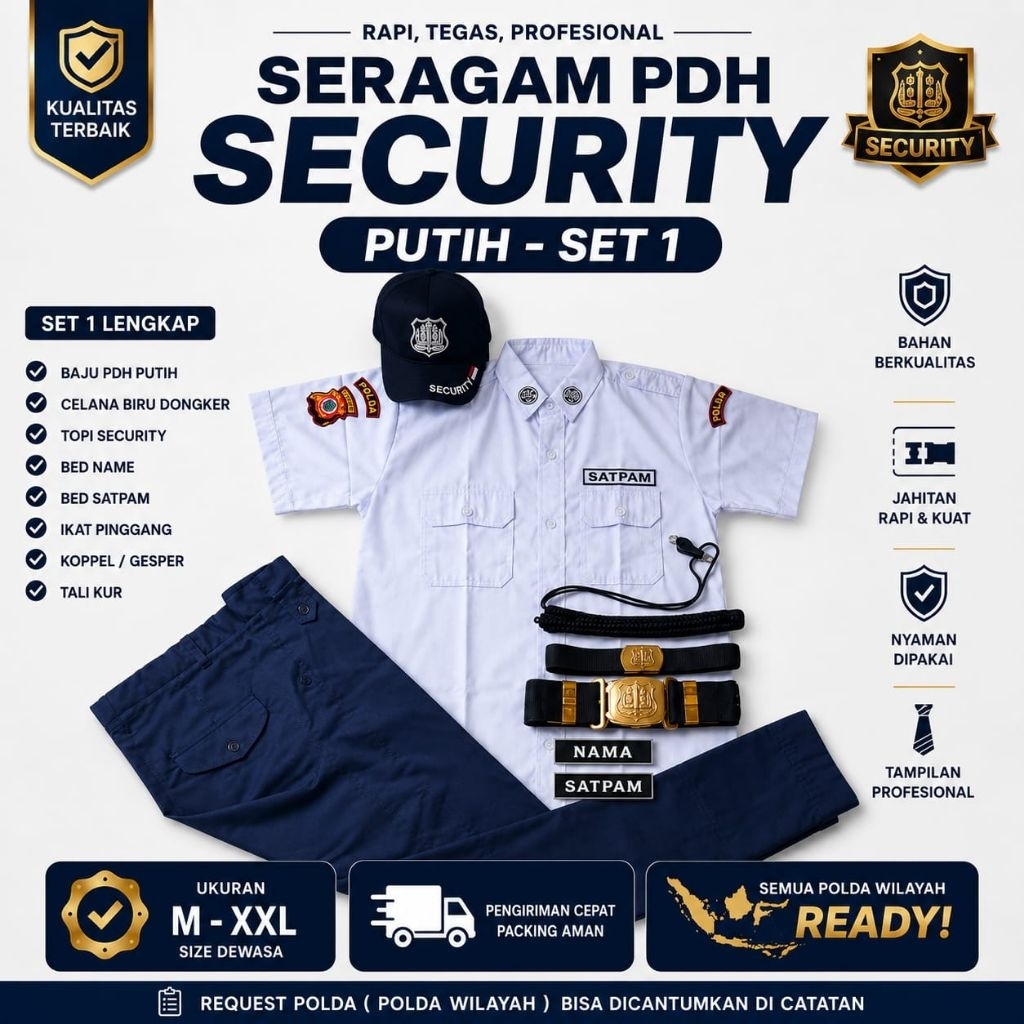 Seragam PDH Security, Pakaian Satpam Putih Biru Setelan Security Putih Biru dongker Seragam Satpam