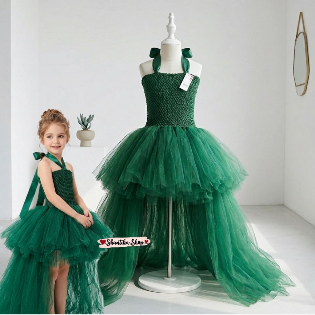 New | Dress Premium Emerald Green Tutu Long Back Anak Perempuan 8-12 Tahun