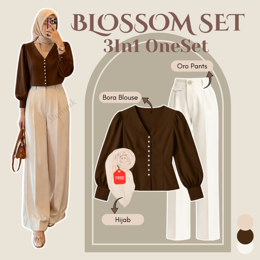 One Set Wanita Kekinian (Hijab Bella Square Biscuit,Blouse Bora Top Coklat,Celana Oro Ivory)STY02