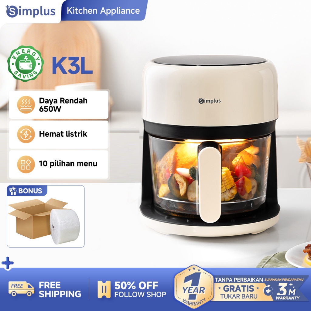 Simplus Air Fryer 3.5L Low Watt 650W  Digital Touch Screen Panoramic Glass 360 View Cocok untuk Kama