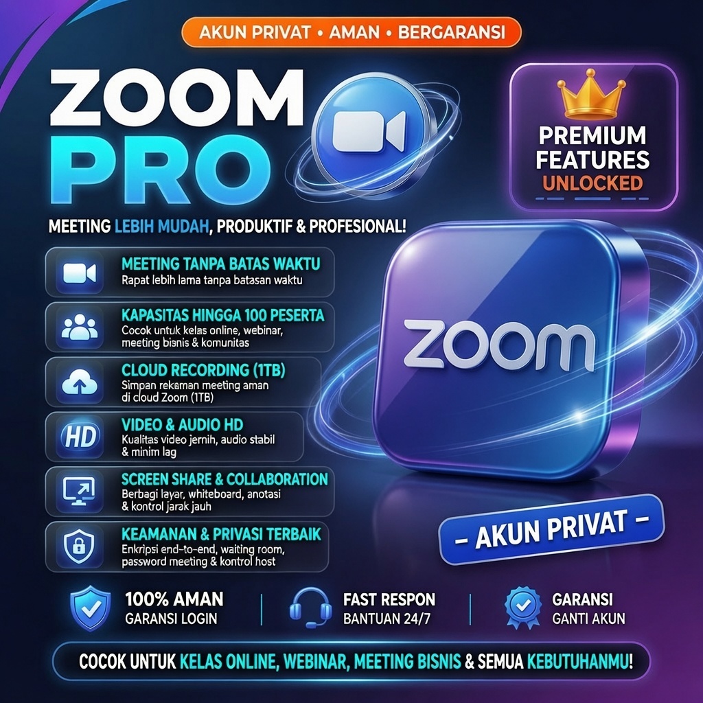 Zoom Pro Premium Resmi - Meeting 100 Peserta + Recording Unlimited