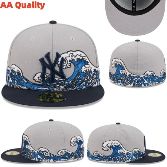 Topi Snapback Fitted NY New York Yankees Kanagawa Tidal Wave Ombak Grey Navy Bordir Build Up Caps