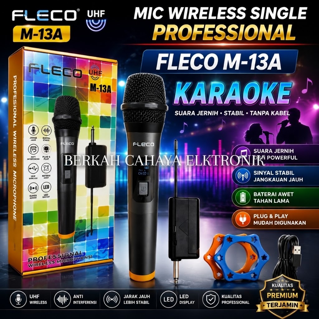 Fleco Mic Professional Fleco M13A Single Mic Wireless Mikrofon Tanpa Kabel Suara Bas Jernih SNR 95dB