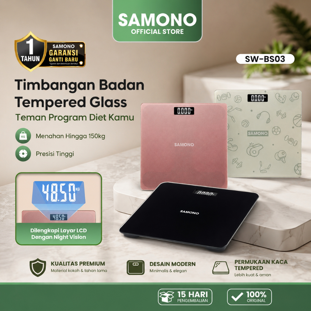 SAMONO Timbangan Badan Digital LED Ultra Slim Akurat Timbangan Berat Badan Minimalis Modern Auto On 