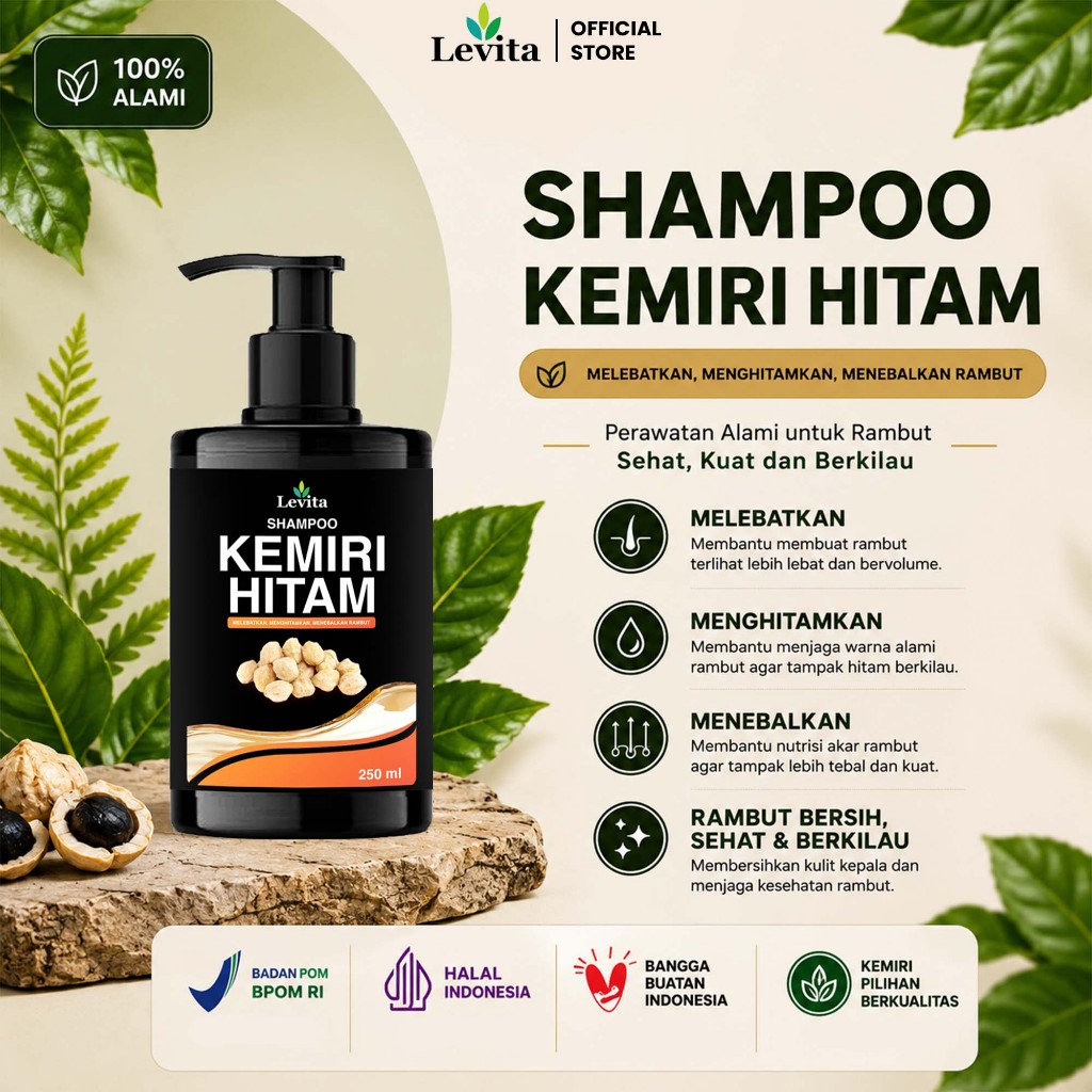 Levita Shampoo Kemiri Hitam 250ML - Penumbuh Rambut Alami, Hitamkan Uban, Atasi Rontok & Ketombe