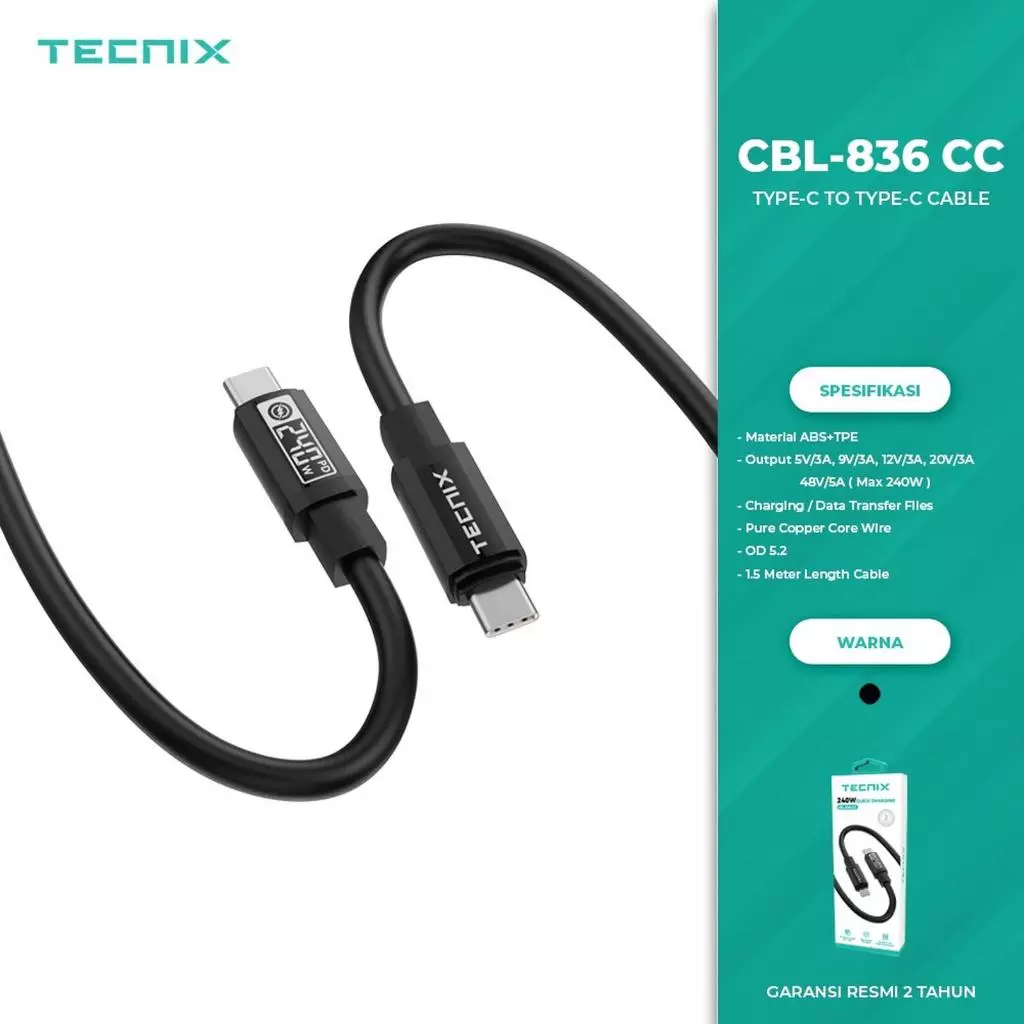 TECNIX CBL-836-CC Kabel Data Type-C To Type-C 240W Quick Charging Panjang 1,5 Meter