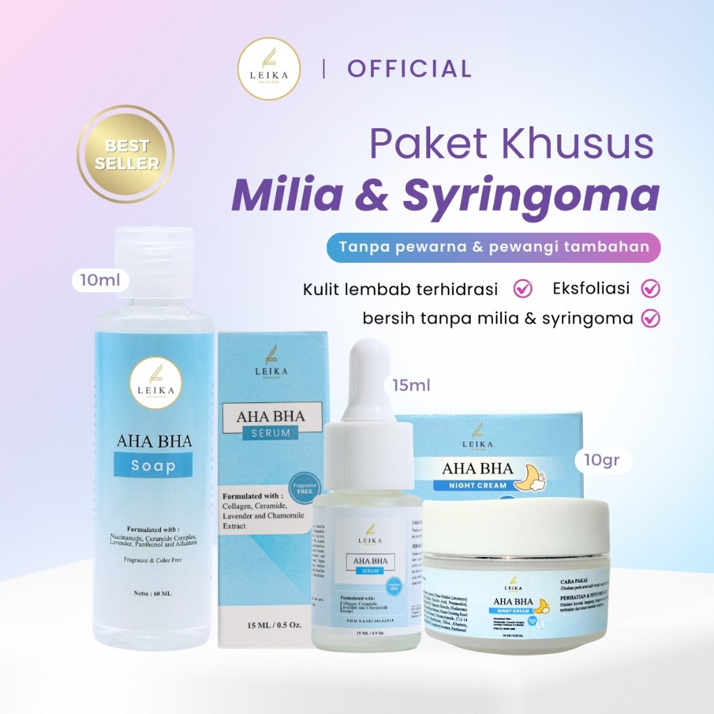 [VARIAN] Leika Skincare AHA BHA Serum & AHA BHA Night Cream & AHA BHA Soap Resmi BPOM Milia Syringom