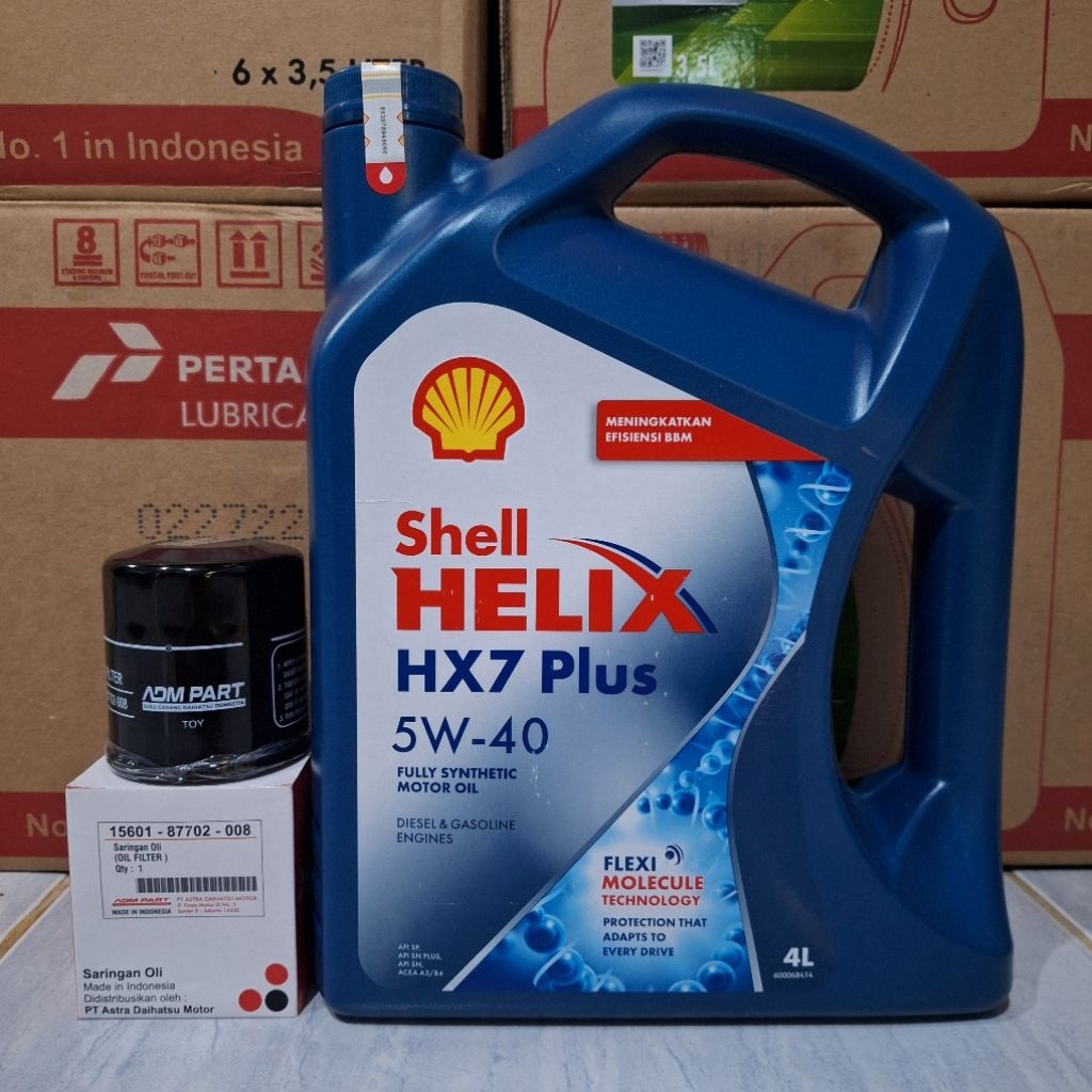 paket oli shell HX7 PLUS 5W-40 4 Liter dan filter oli ASLI DAIHATSU untuk mobil Calya, Agya, Ayla, A