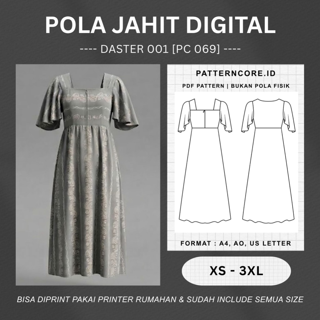 Pola Jahit Digital | PC 069 - Daster wanita lengan pendek | PATTERNCORE