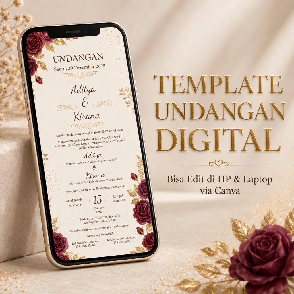 Template Undangan Digital Pernikahan Canva Cetak Video Wedding Invitation Maroon Gold Mewah Estetik 