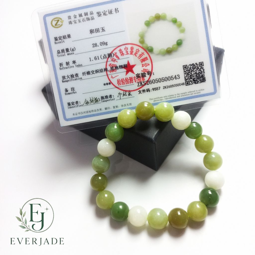 Gelang Giok Hetian Beads Asli Natural Jade include Sertifikat