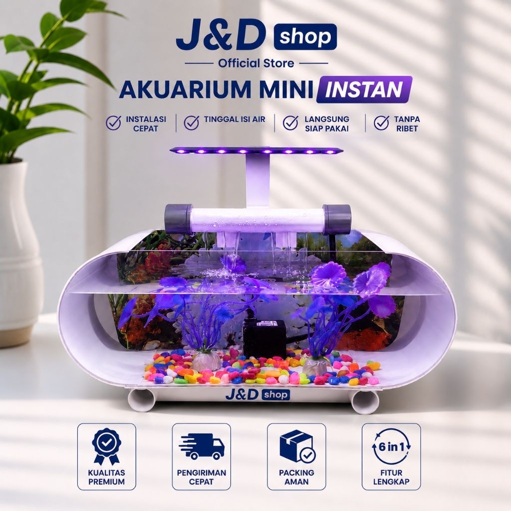 Aquarium mini fullset dengan air terjun / Aquarium akrilik / Aquarium Minimalis Akuarium Bulat