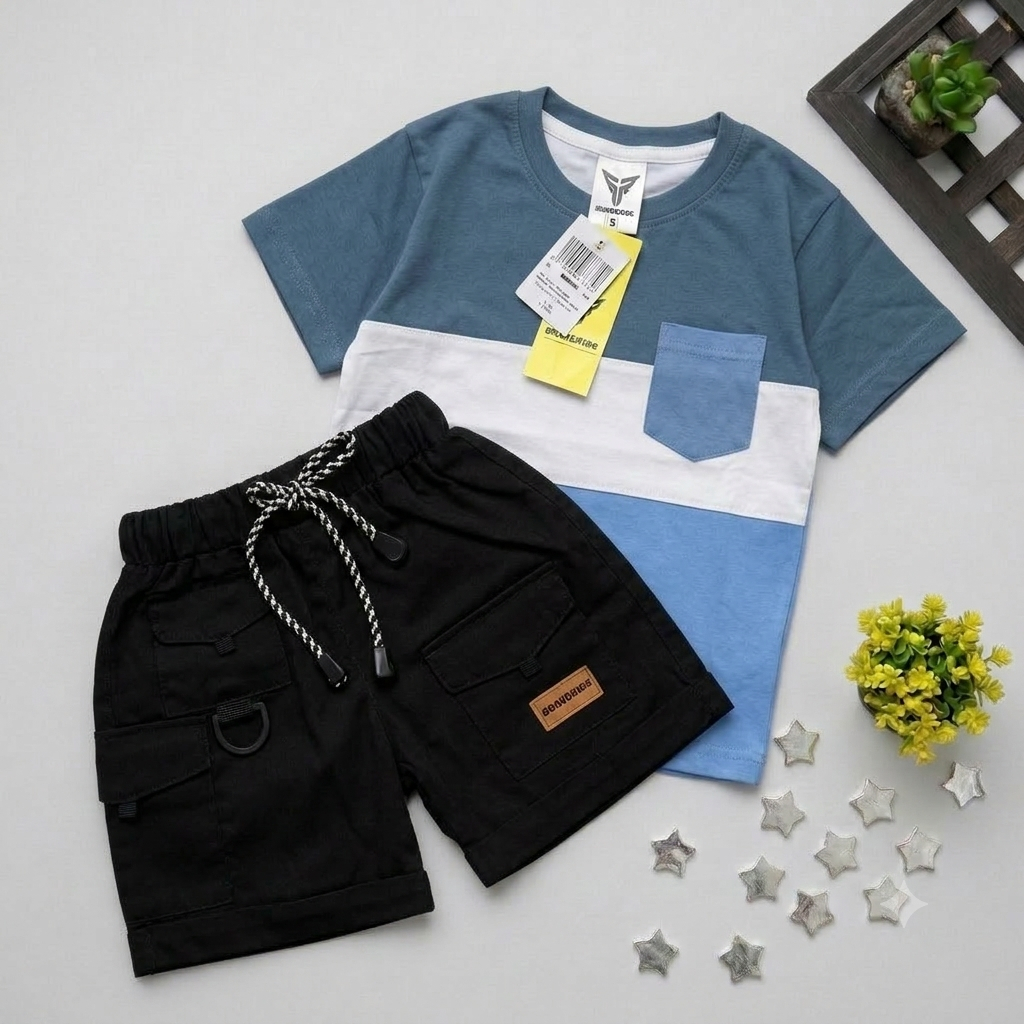 BRAVEKIDS FASHION - COLORBLOCK DENIM ON THE ROCK TEES KATUN 24s SETELAN ANAK UMUR 1-5 TAHUN T SHIRT 