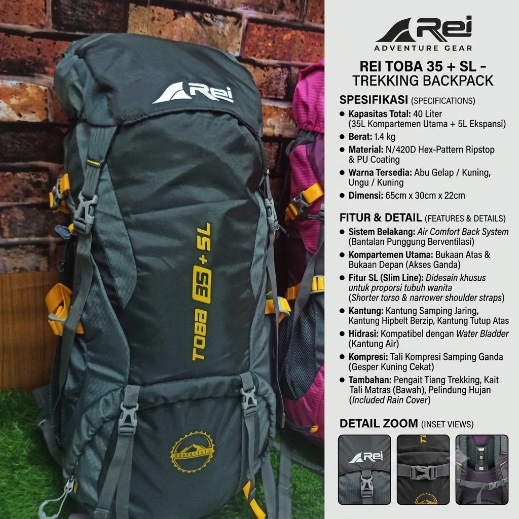 Tas Carrier Rei Toba 40L+Raincover Original 100%