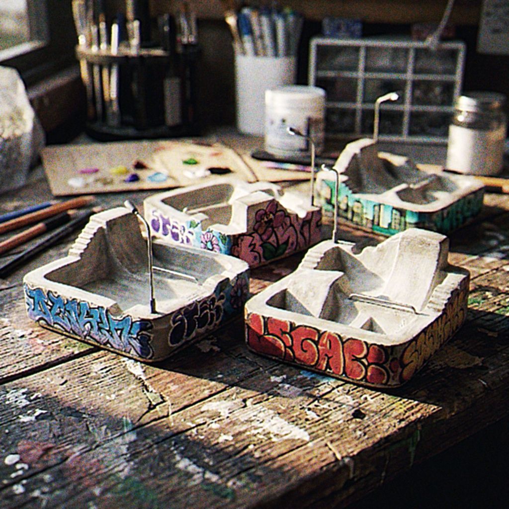 Asbak Skatepark Mini Handmade Unik | Concrete Ashtray Estetik Graffiti + Lampu Mini | Dekor Meja Aes