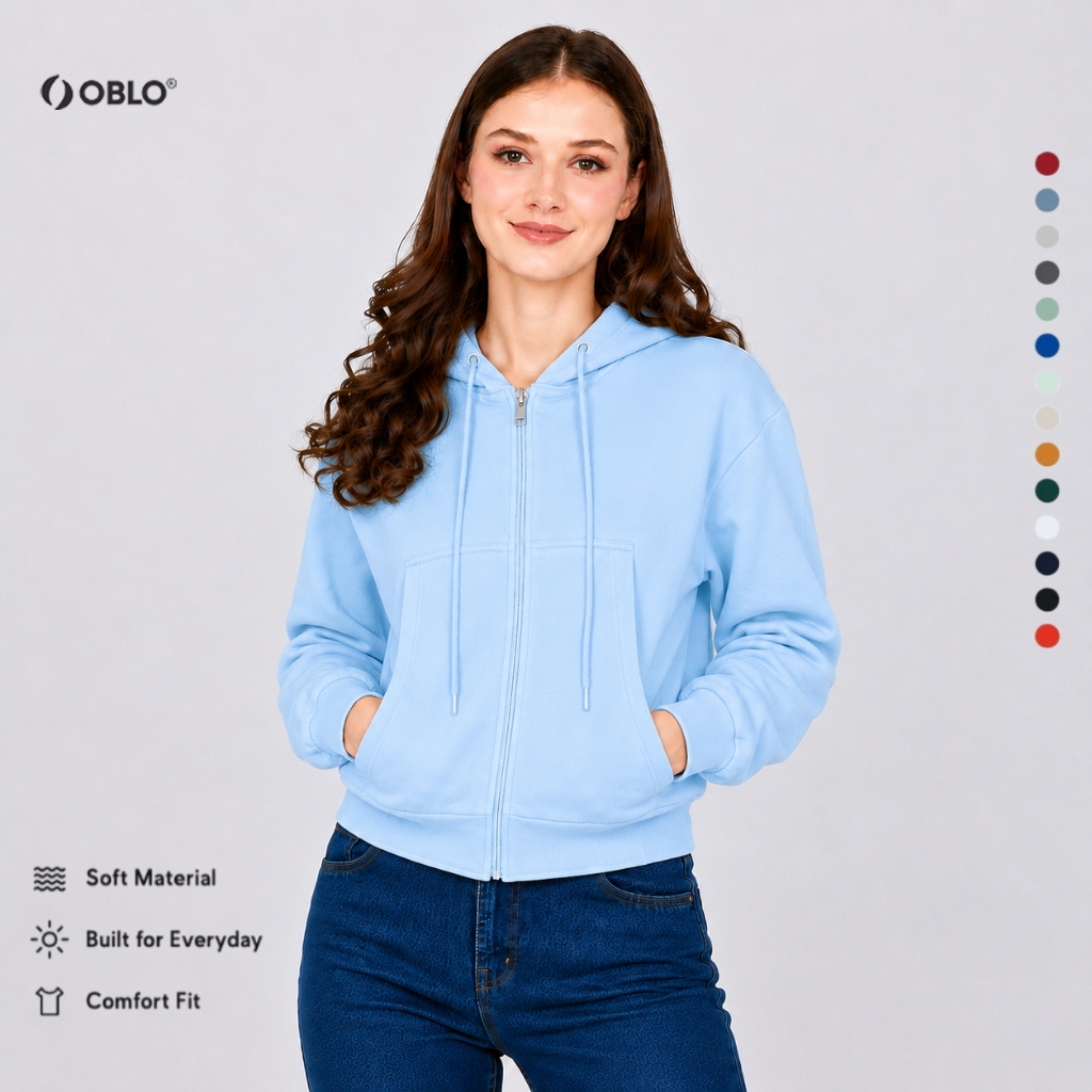 OBLO Basic Crop Jaket Hoodie Crop Wanita dengan Resleting Depan - Hoodie Crop Zipper Jaket Resleting
