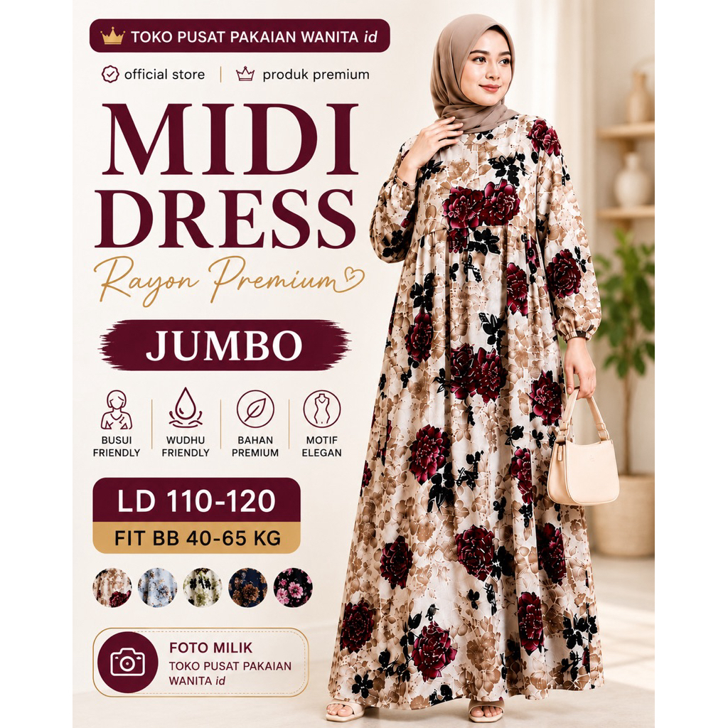 Midi Dress Rayon Premium Jumbo LD 110-120 Busui Wudhu Friendly Gamis Motif Bunga Terbaru