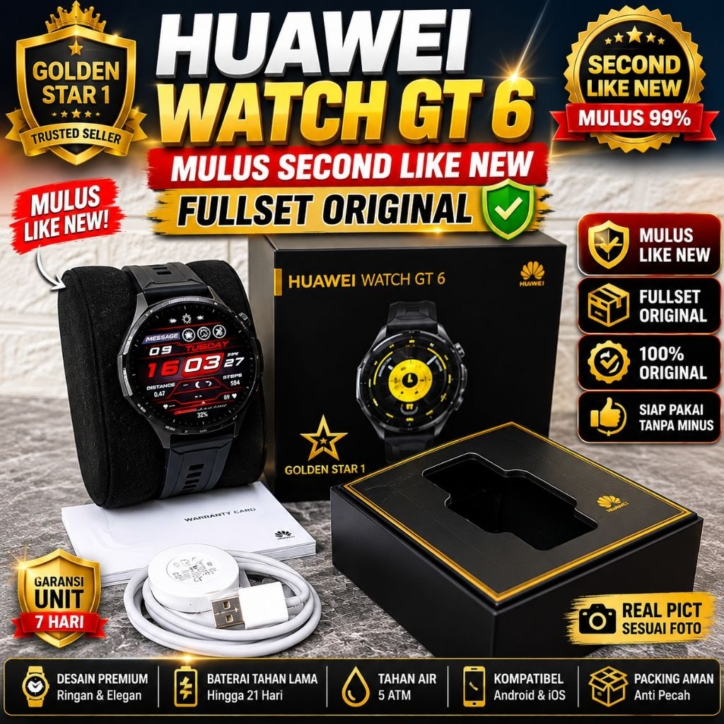 Huawei Watch GT 6 Dan GT 3 Black Fullset Original Second Like New AMOLED Baterai Awet Smartwatch Pre