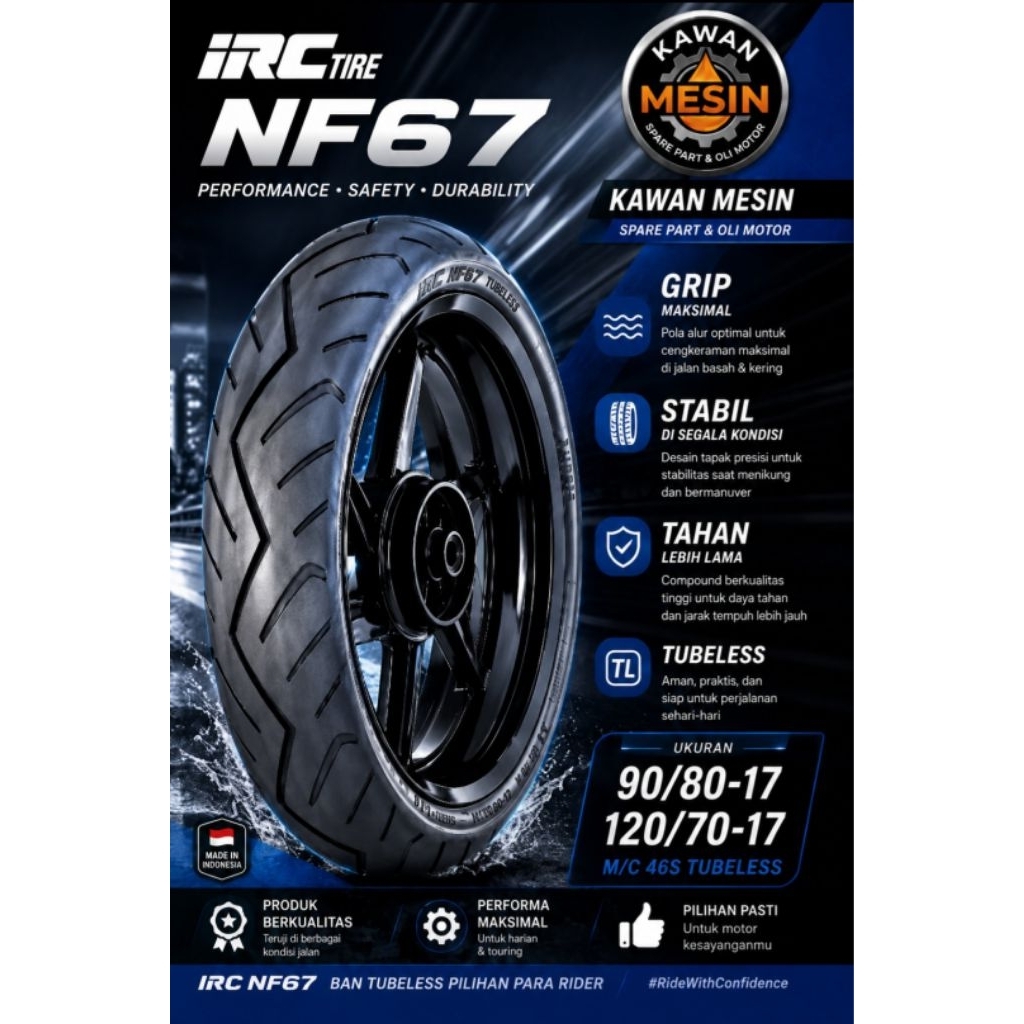 BAN LUAR TUBELESS IRC NF67: 90/80-17 120/70-17