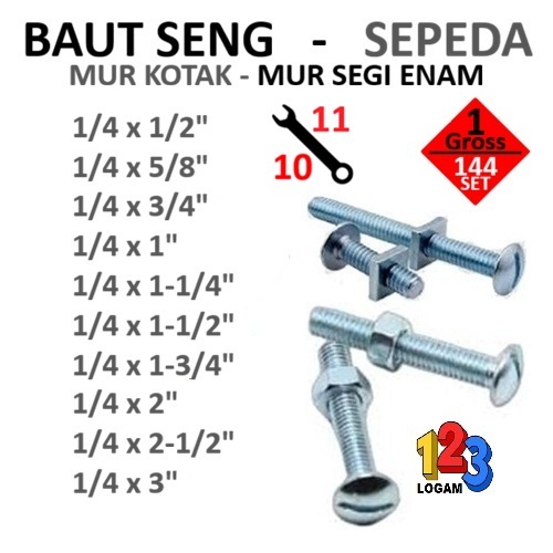 [1 Gross] Baut Seng 1/4" Inch Mur Kotak / Hexagon Plat Nomor