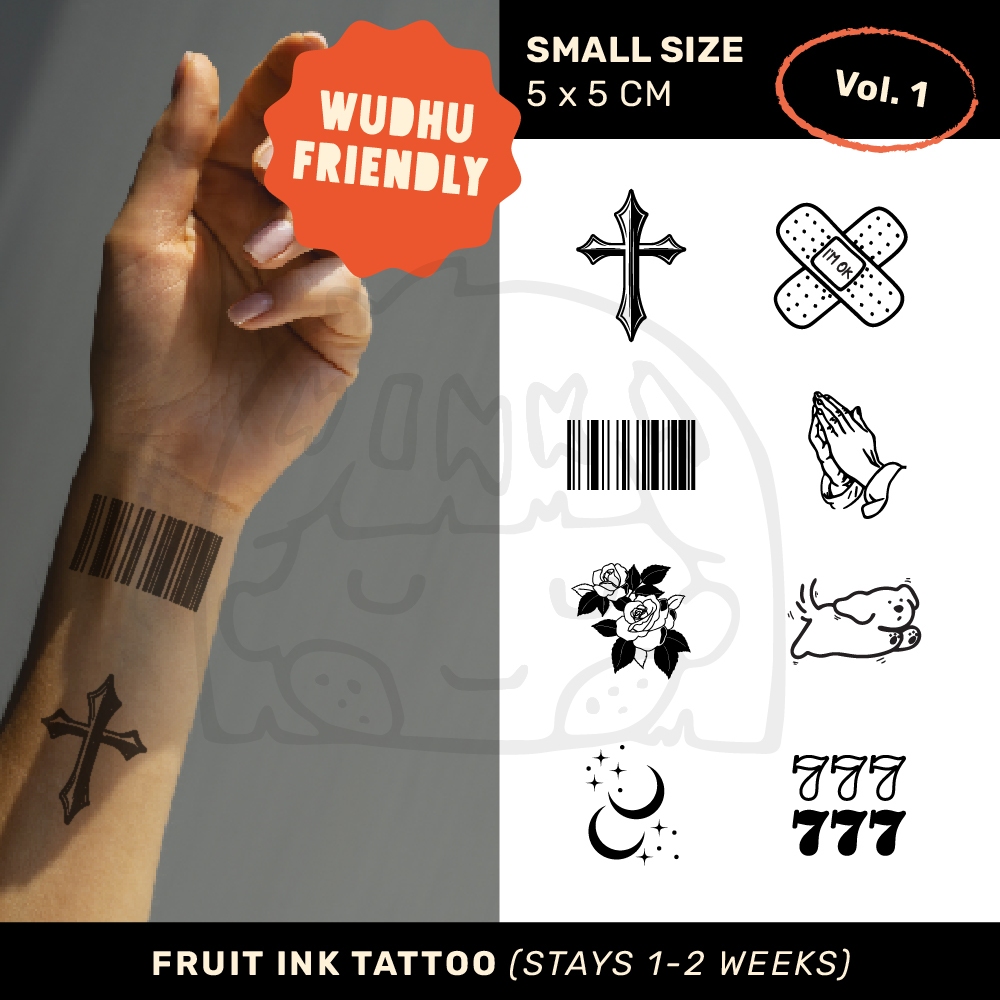 INKTROVERT Premium Temporary Fruit Ink Tattoo - Tato Temporer Halal - 5x5 cm Anjing Salib Bulan Mawa