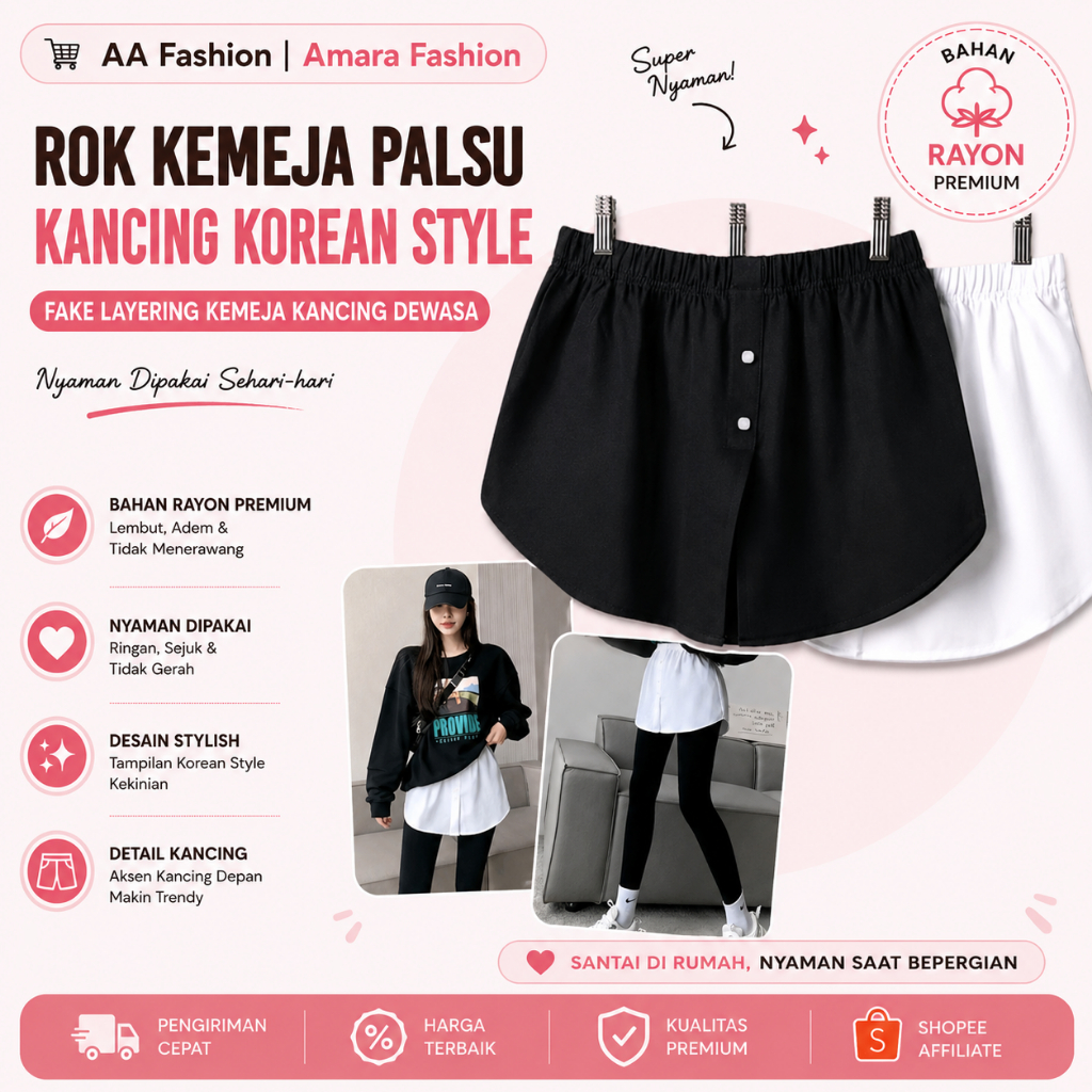 Rok Kemeja Palsu Kancing Korean Style | Fake Layering Kemeja Kancing Dewasa