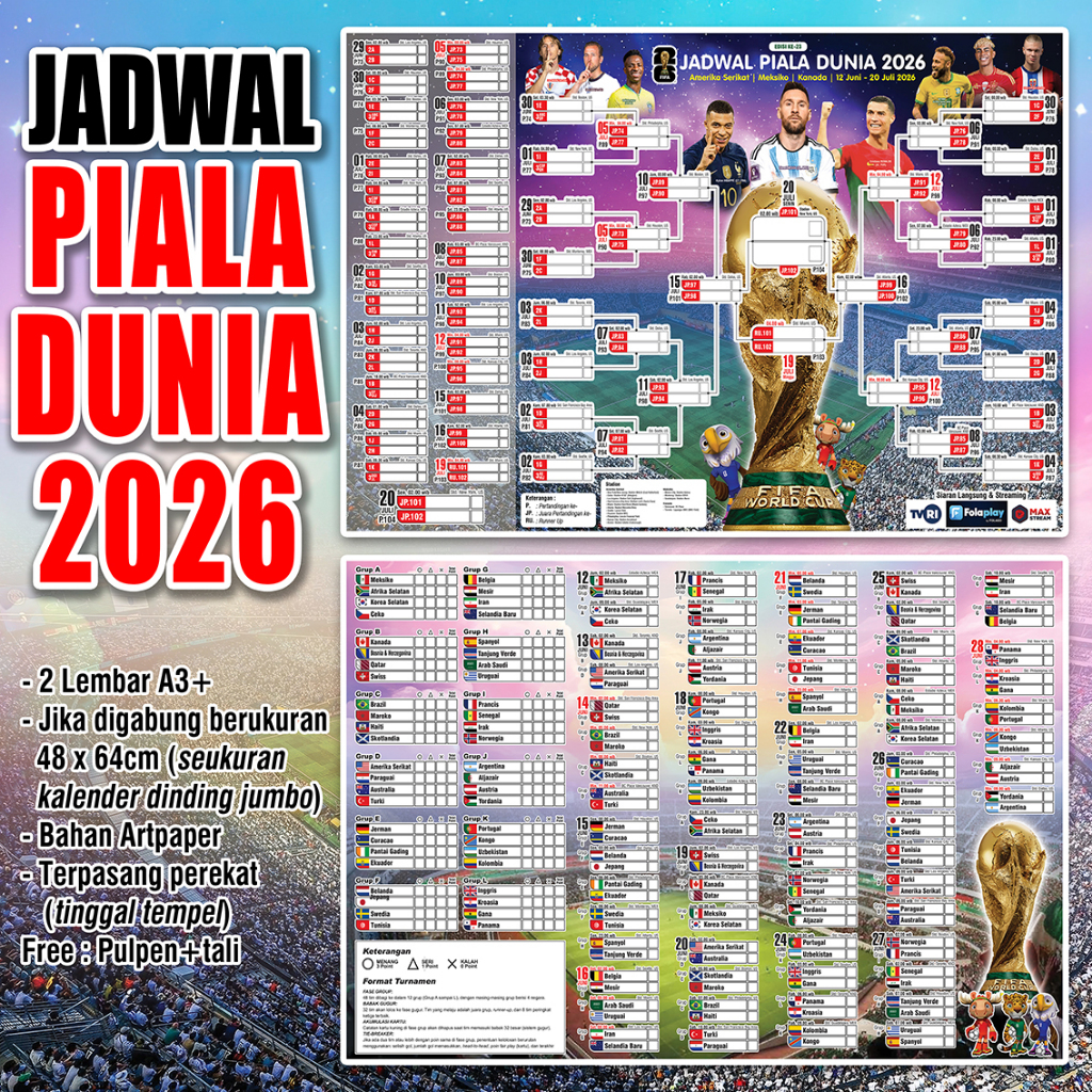 Poster Jadwal Lengkap Piala Dunia 2026 (2 lembar A3+)