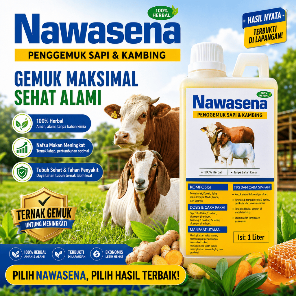 Nawasena Penggemuk Sapi & Kambing 100% Herbal 1 Liter, Gemuk Sehat Alami, Tanpa Bahan Kimia