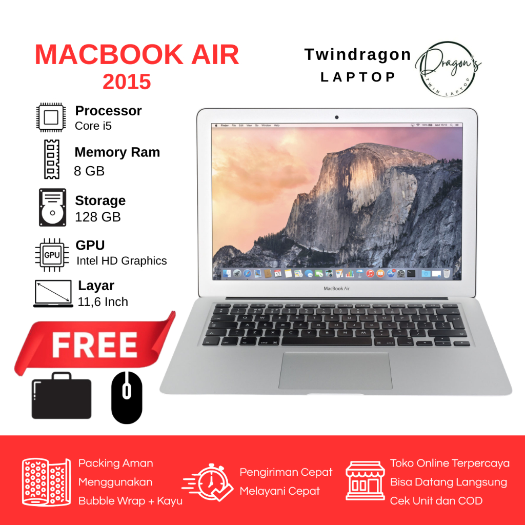 Laptop Macbook Air Core i5 8GB 128GB 11 Inch l Second Berkualitas Bergaransi l Original Bonus Tas da