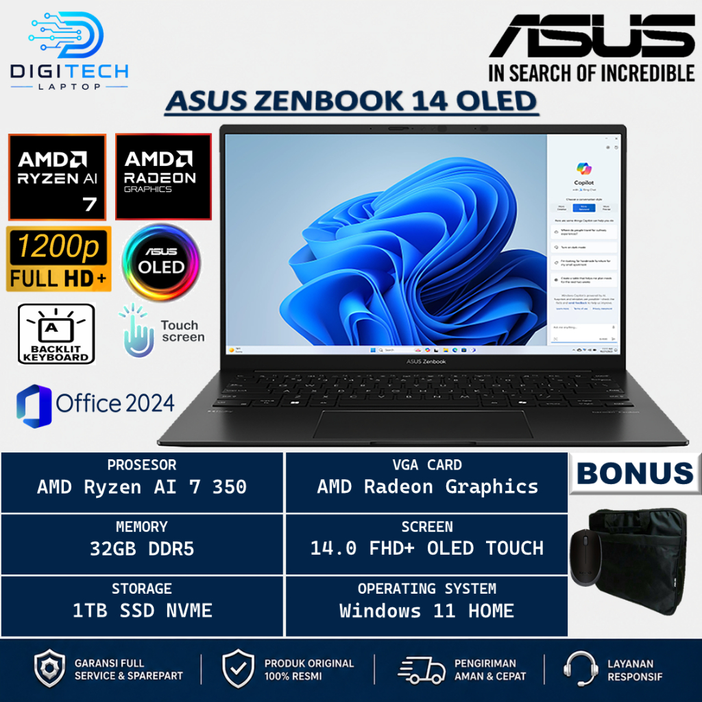Laptop Asus Zenbook 14 UM406KA AMD Ryzen iA 7 350 32GB DDR5 2TB WUXGA OLED Touch Windows 11 Home