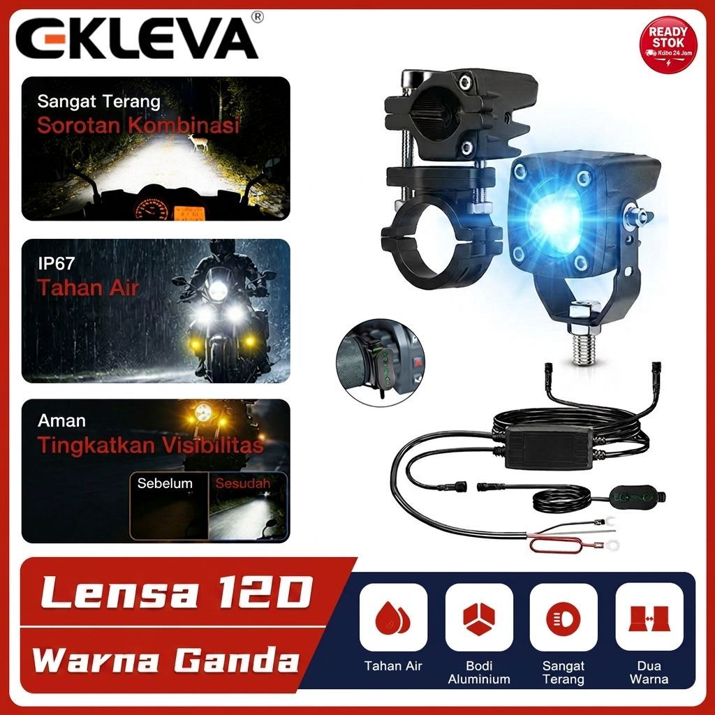 EKLEVA Lampu Depan Motor LED Super Terang Putih 6000K Kuning 3000K Biru 10000K Lampu Depan Tambahan 