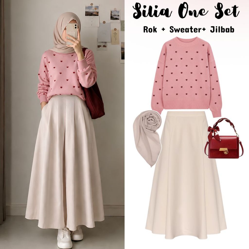 oneset 3in1 - Sweater Polkalove + Rok Scuba + Jilbab Bellasquare | ootd outfit cewek wanita anak per