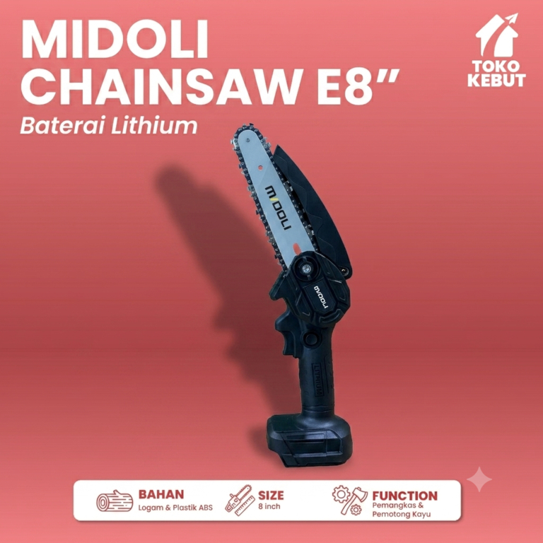 Mesin Gergaji Kayu Midoli Cordless Chainsaw 8 Inch Baterai Electric E8