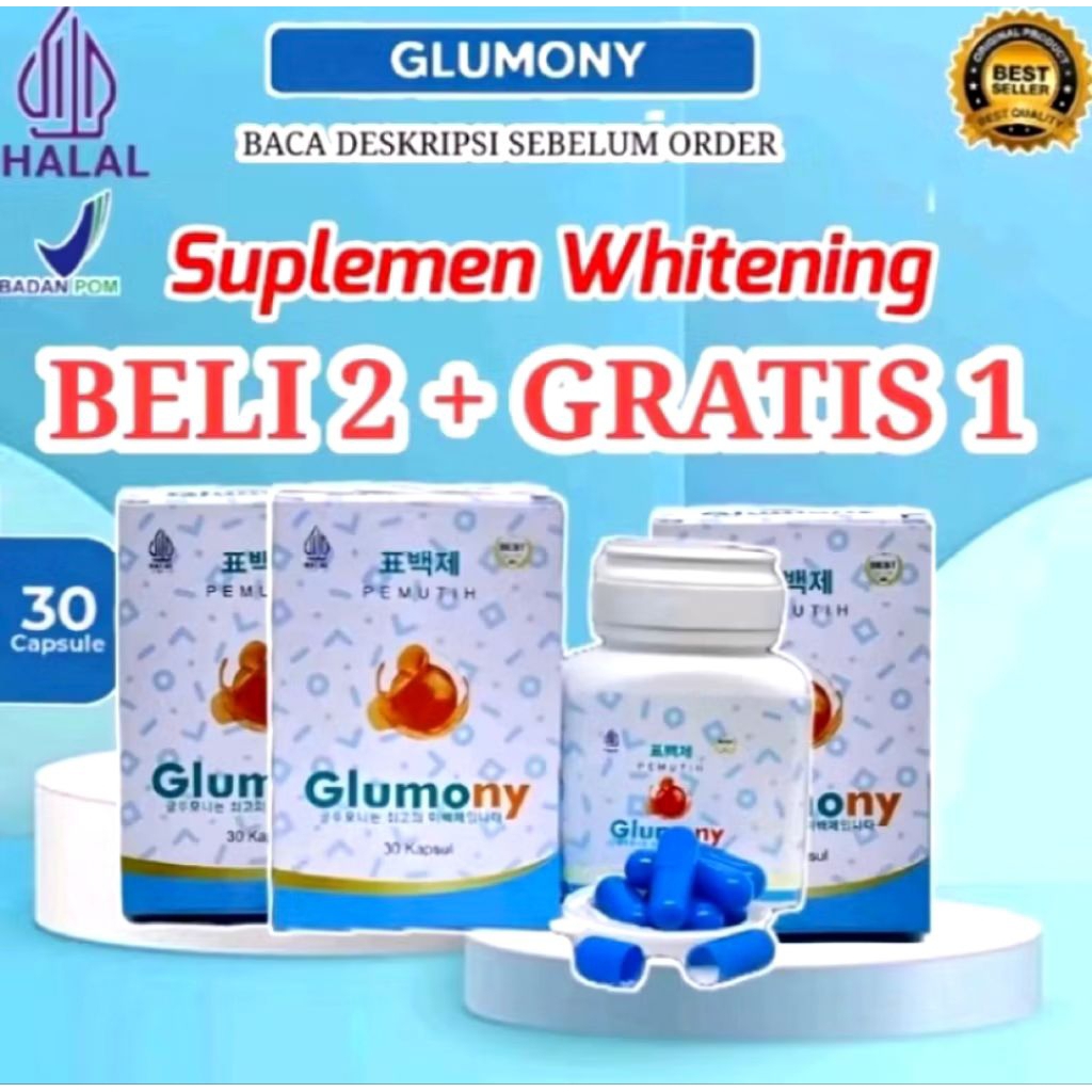 Suplemen whitening beli 2 + gratis 1 GLUMONY pemutih kulit wajah 10x lebih cepat mencerahkan