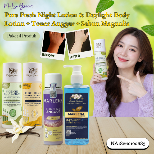 (PAKET BODY ISI 4PCS) TONER BADAN ANGGUR ARBUTIN + PAKET DAYLIGHT BODY LOTION & PURE FRESH NIGHT LOT