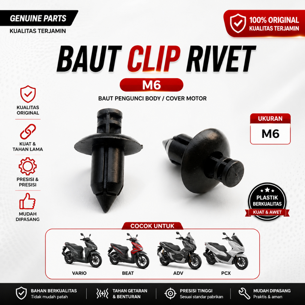 Baut Clip Rivet M6 Body Motor Vario Beat ADV PCX Klip Pengunci Cover Body Plastik Kualitas Premium