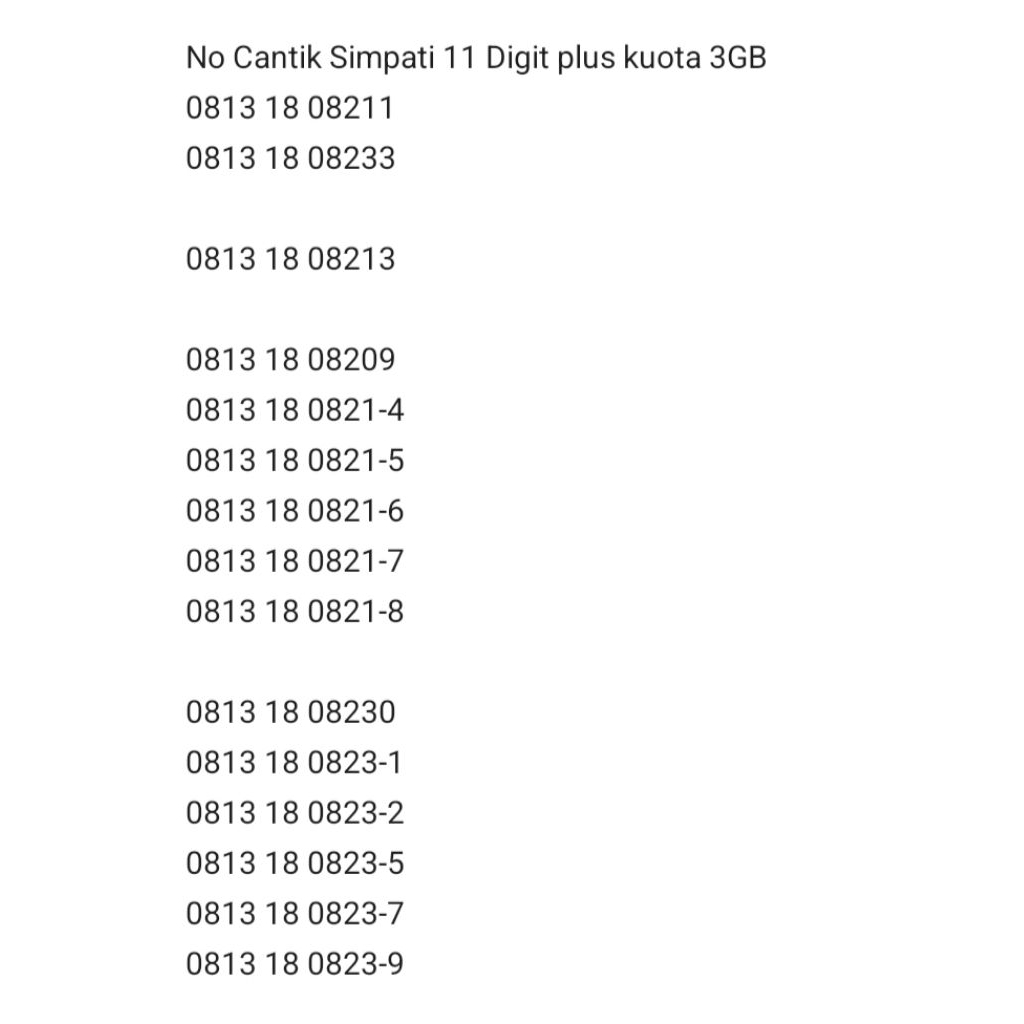 No Cantik Simpati 11 Digit Kuota 3GB