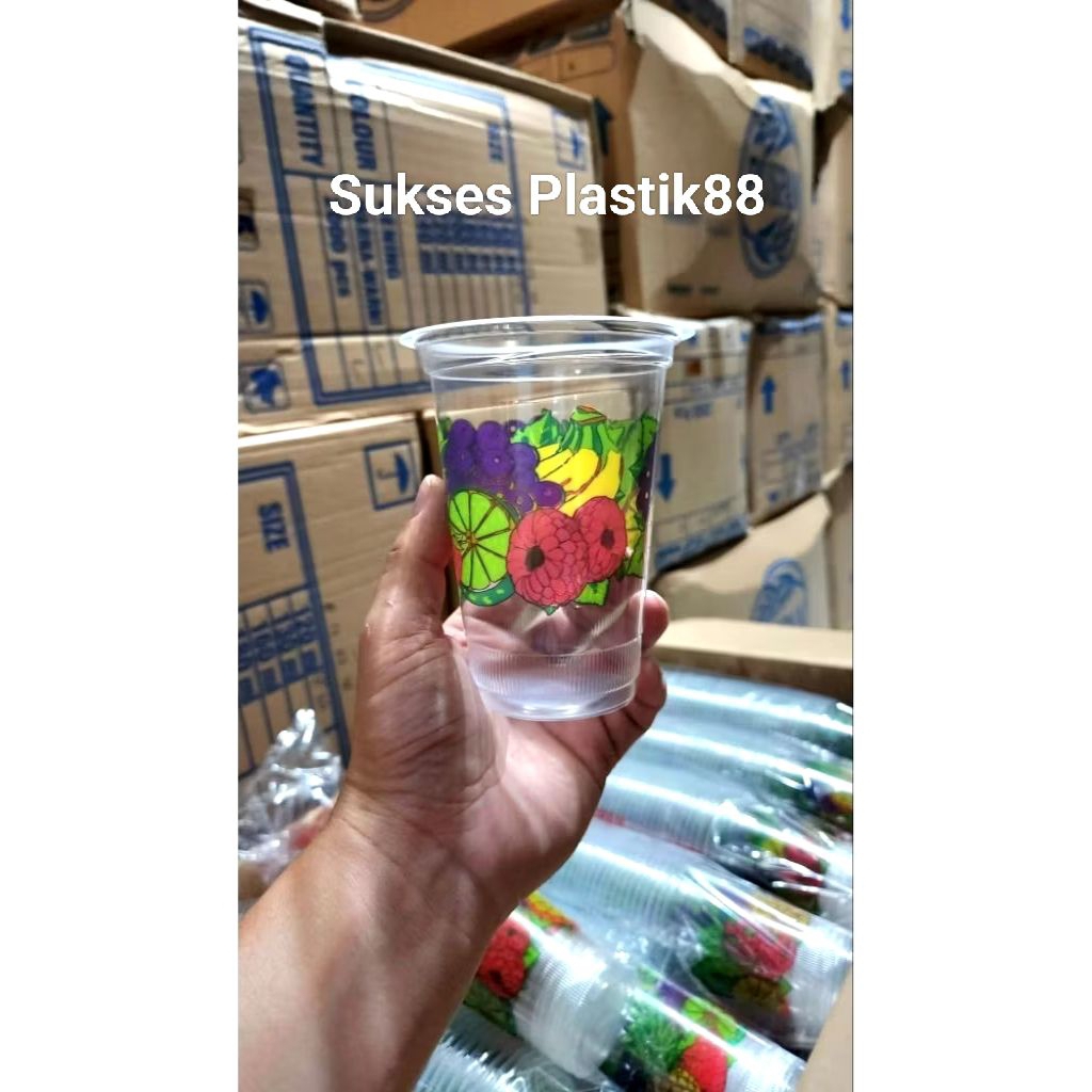 Gelas Cup Plastik Printing Buah 16oz isi 1000pcs / Gelas Cup Jus Juice Sablon Buah