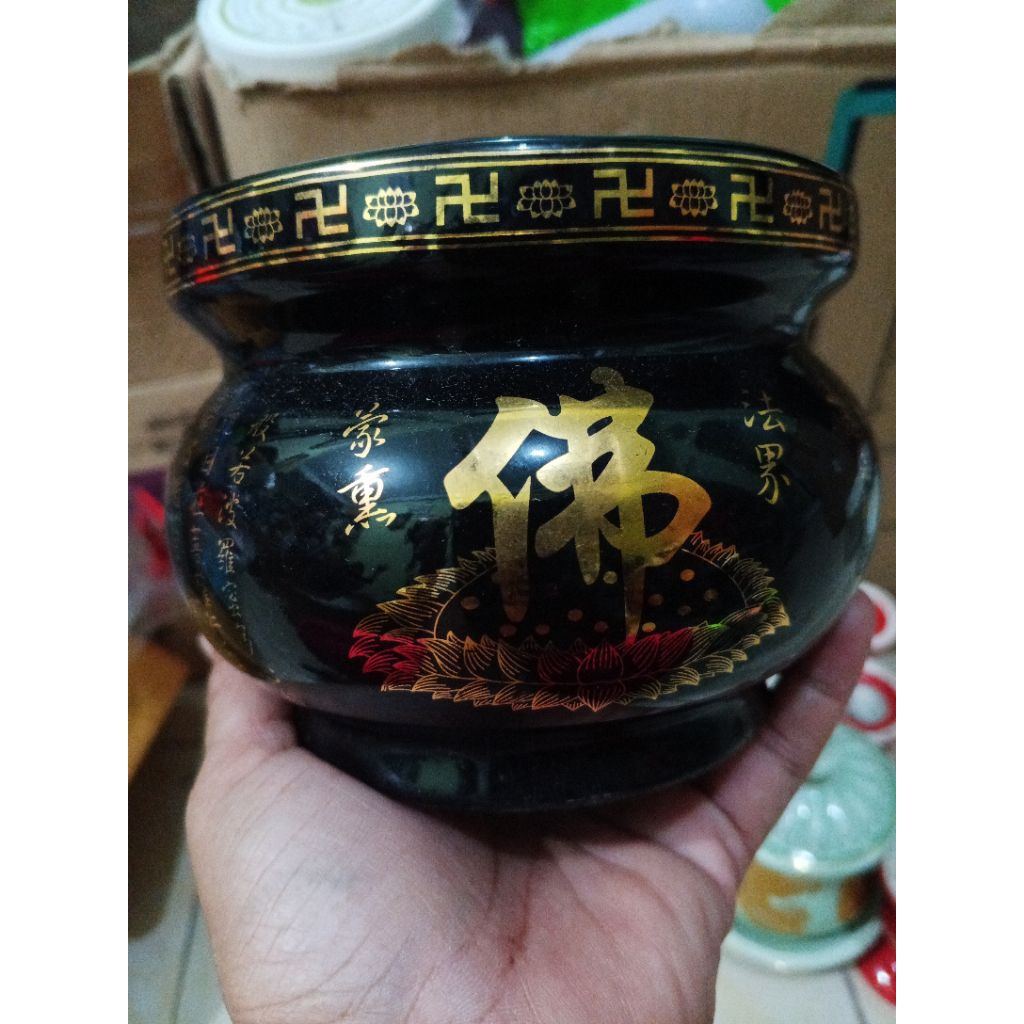 Vintage Old Chinese Qianlong Black & Gold Metal Buddha - Incense Burner