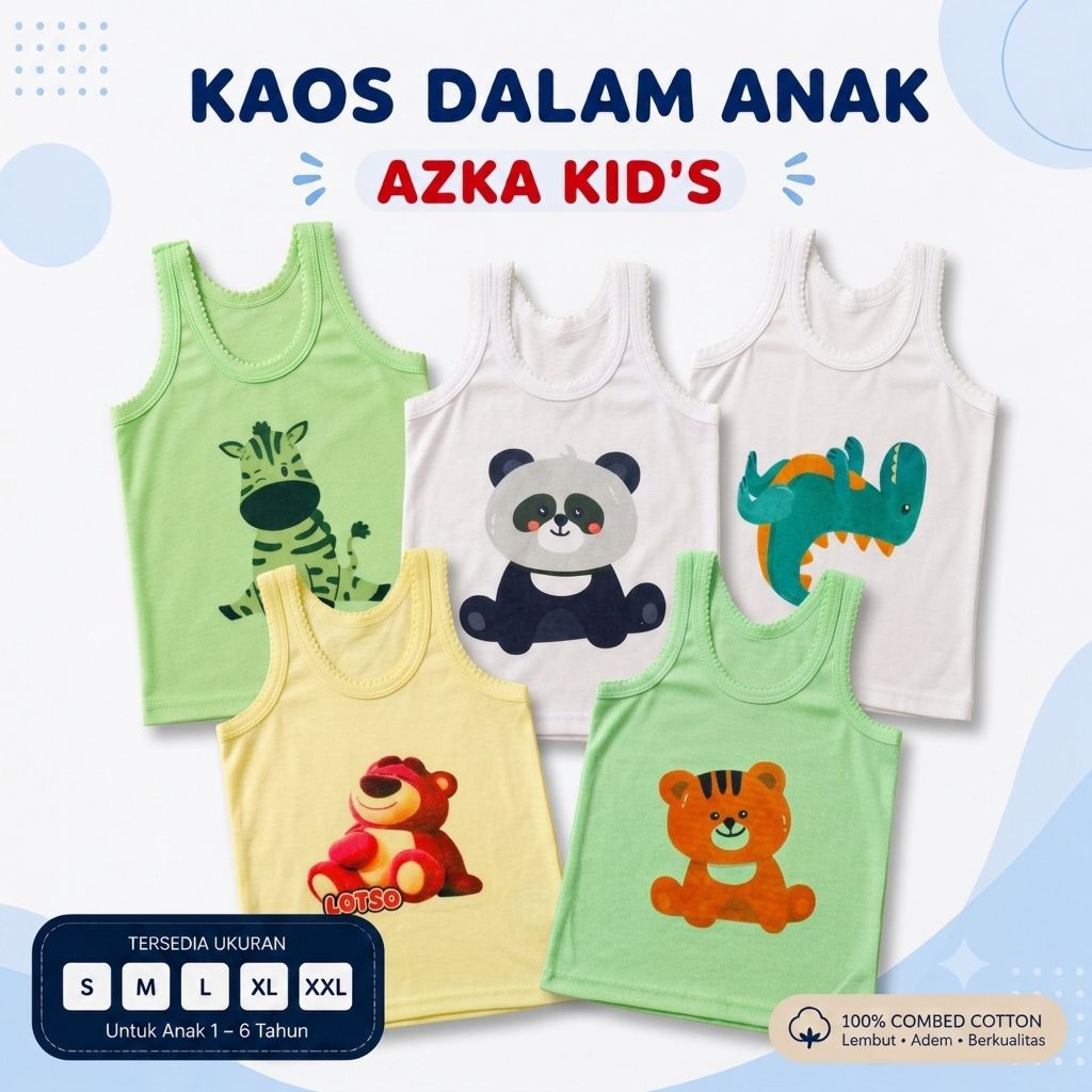 12PCS | AZKA KID'S kaos dalam anak unisex motif karakter | singlet untuk Newborn bahan catton lembut