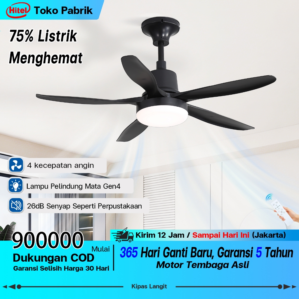 Hitel Kipas Angin Gantung Plafon Lampu Hitam Retro 30 Inch  | Dinamo Inverter Tembaga Murni | 3 Warn