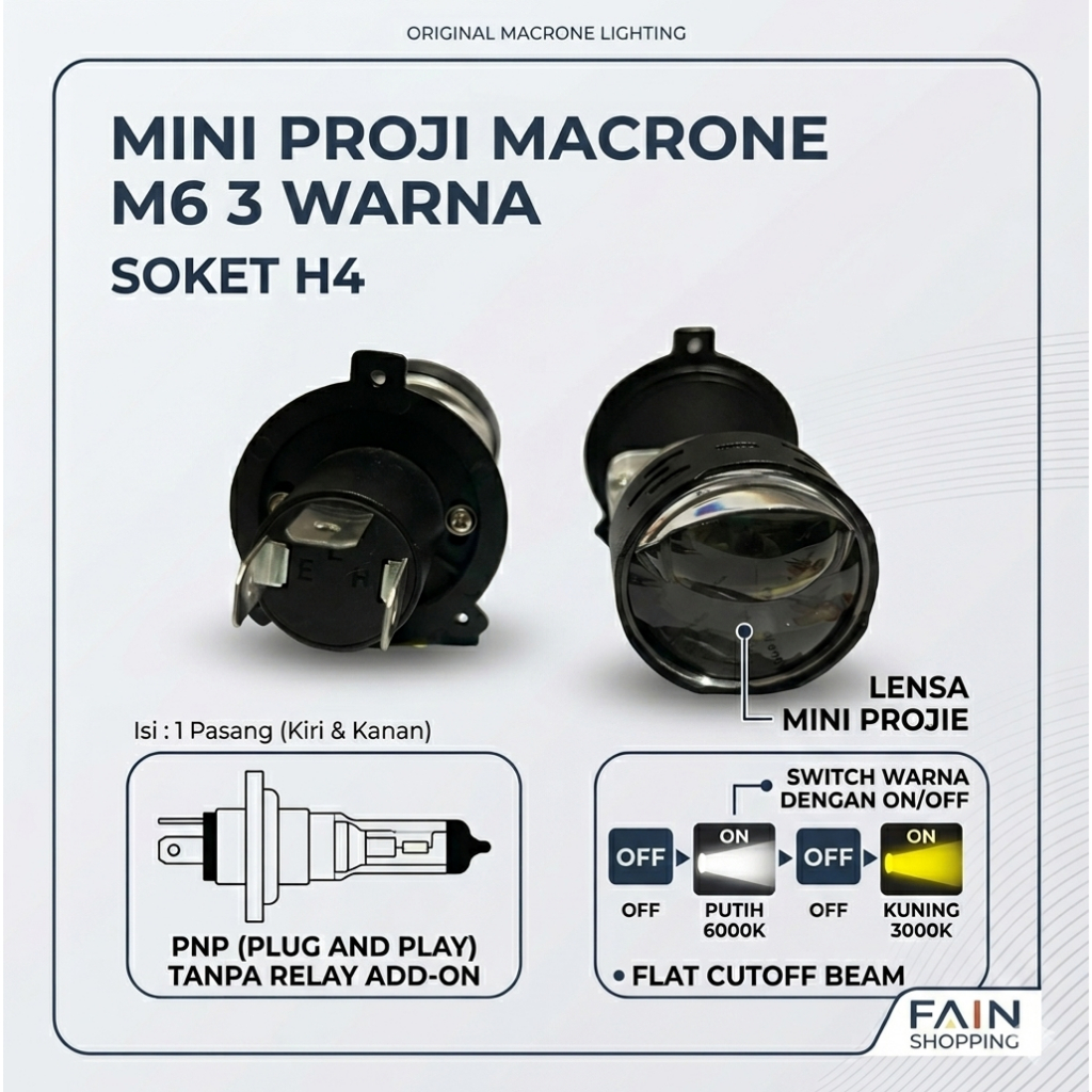 Lampu LED Mini Proji Macrone M6 3 Warna H4 - Projector Headlamp PNP Tanpa Relay