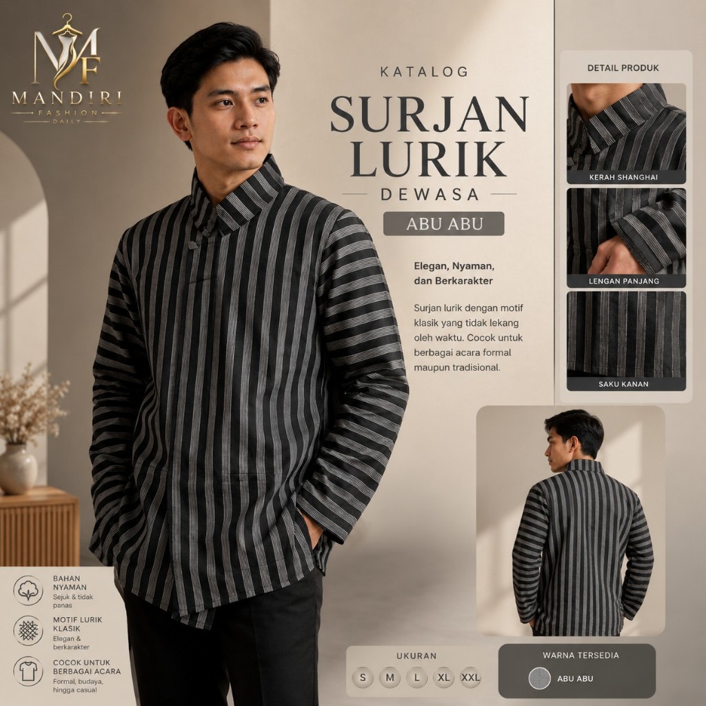 Surjan Lurik Abu-abu Premium Pria Dewasa | Atasan Baju Adat Jawa Modern | Bahan Lurik Premium