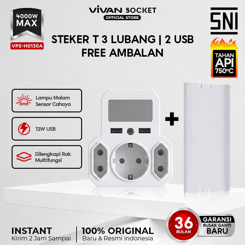 [Steker T Multifungsi] 7 in 1 VIVAN Stop Kontak Multi Arde + Rak 3 Lubang 2 USB Charger Lampu Sensor