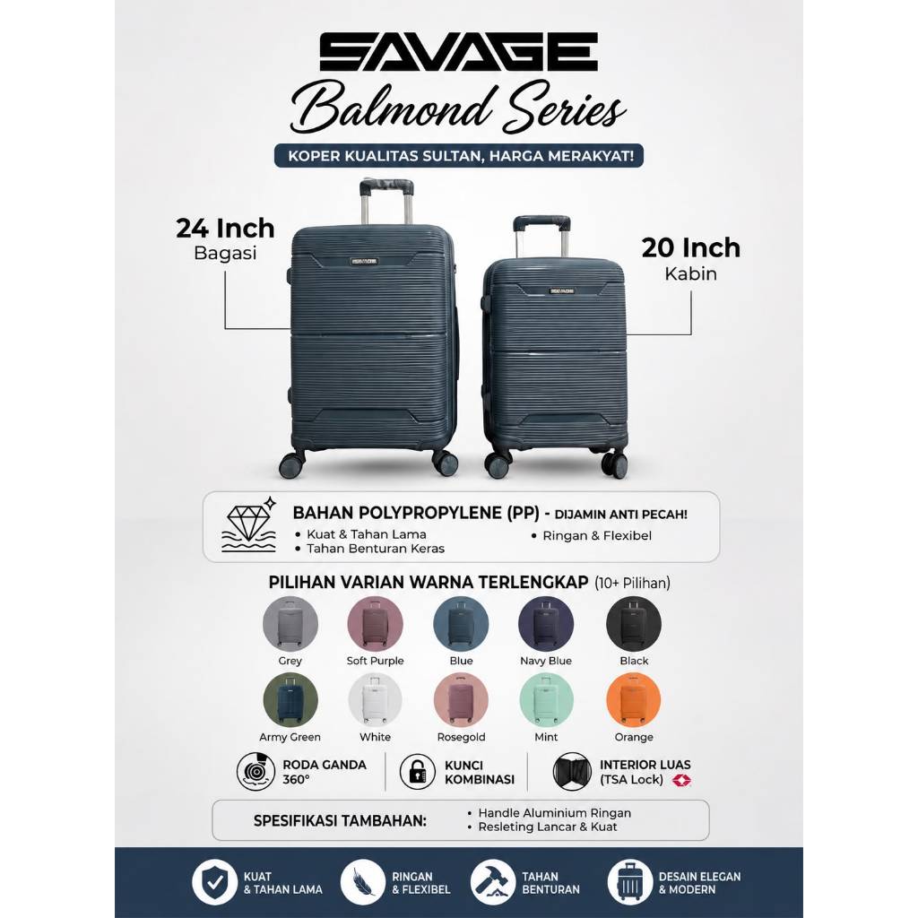 SAVAGE BALMOND Koper 20 Inch - 24 Inch Kabin Bagasi Anti Pecah 4 Roda 360 Rotasi Tahan air Anti Mali