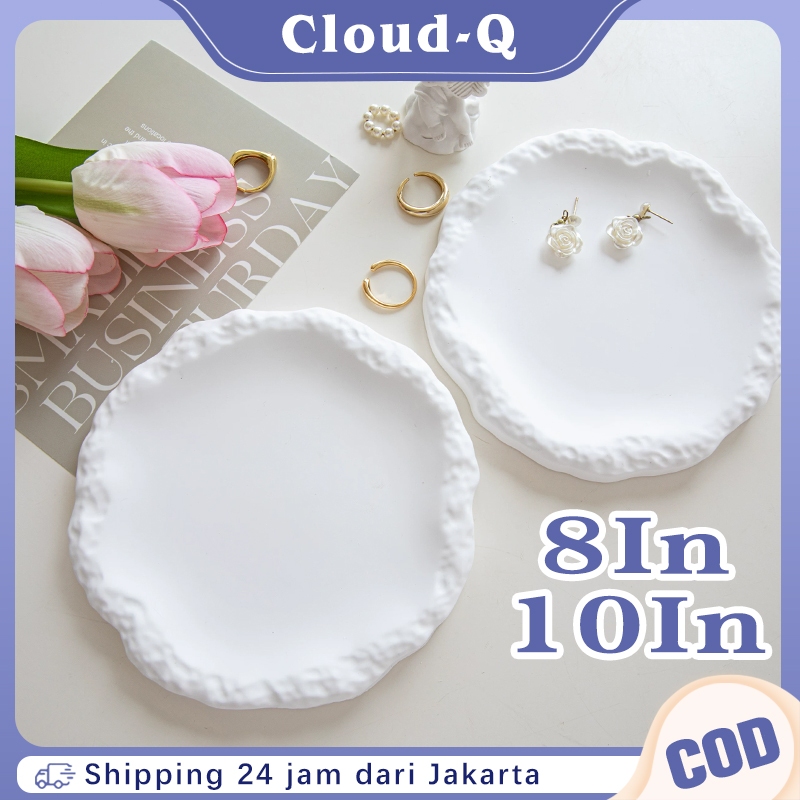 8/10 IN Plate Piring Fine Dining Keramik Ujung Rok Tekstur Batuan / Piring Saji Keramik Putih Scandi