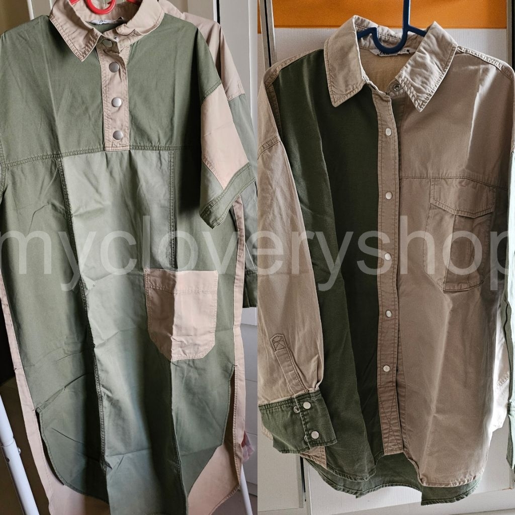 preloved ZARA shirt kemeja (size S) + dress (size M) two tone army-beige